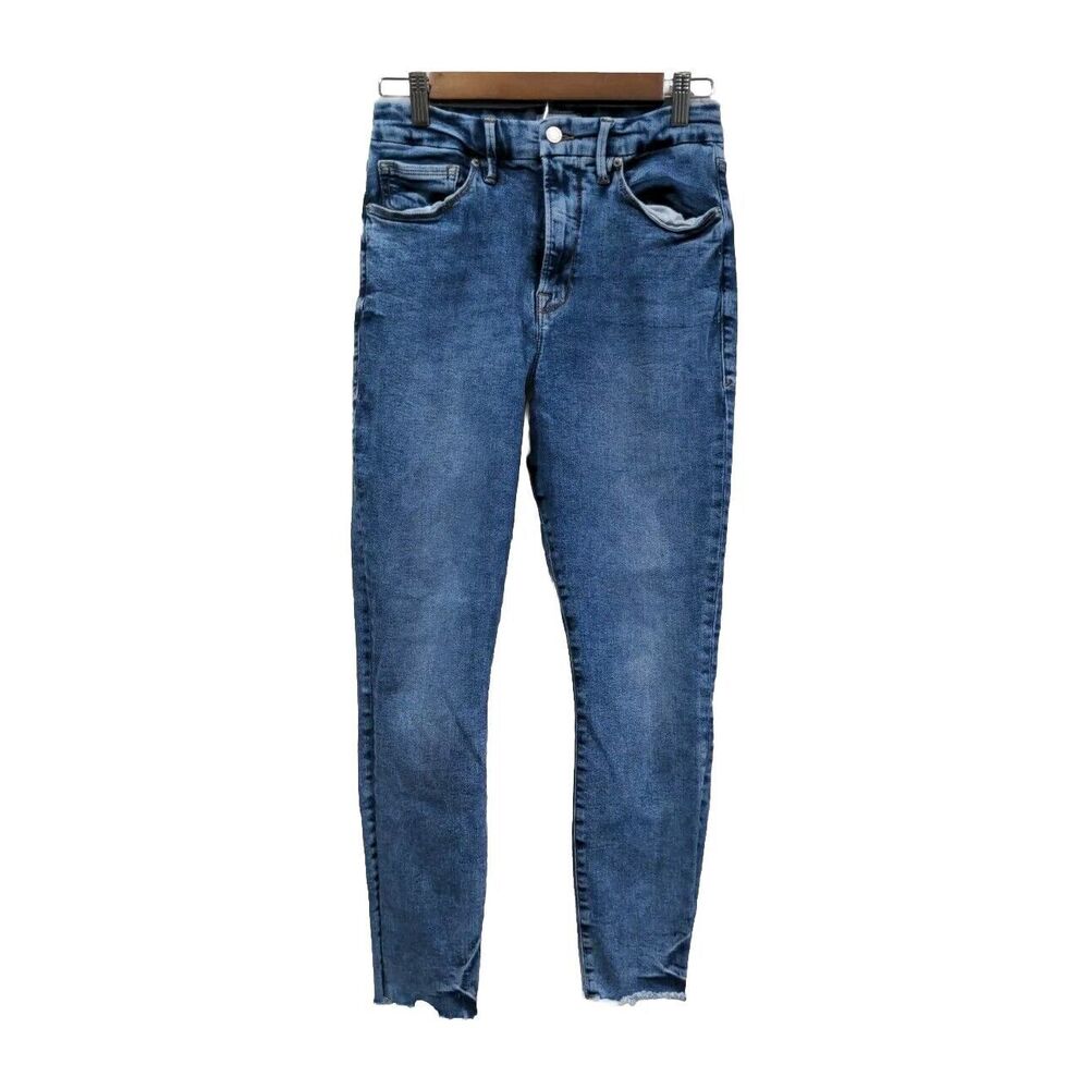 Good American Womens Skinny High Rise Jeans Size 10/30 Blue Stretch Raw Hem